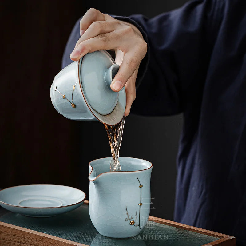 Jingdezhen Nail Ru Ware Porcelain Opening Film Porcelain Tea Set Sancai Gaiwan Tea Cup Tea Brewing Bowl Single