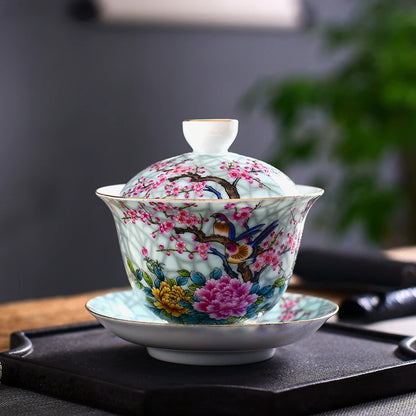 Jingdezhen Porcelain Art Bird Gaiwan Ceramic Flower Tea Bowl with Saucer Lid Kit Master Tea Tureen Drinkware Gift 180ml