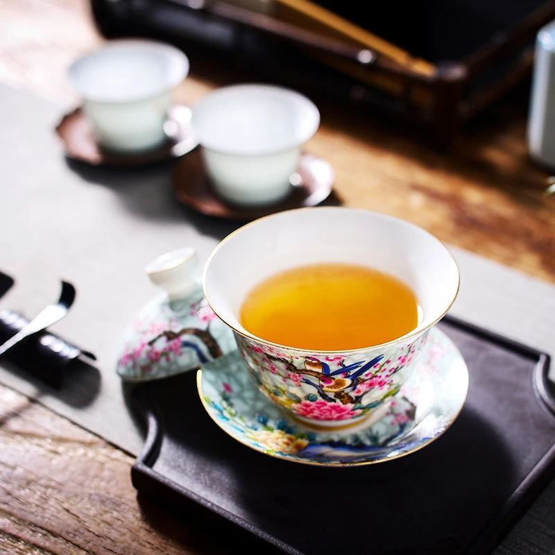 Jingdezhen Porcelain Art Bird Gaiwan Ceramic Flower Tea Bowl with Saucer Lid Kit Master Tea Tureen Drinkware Gift 180ml