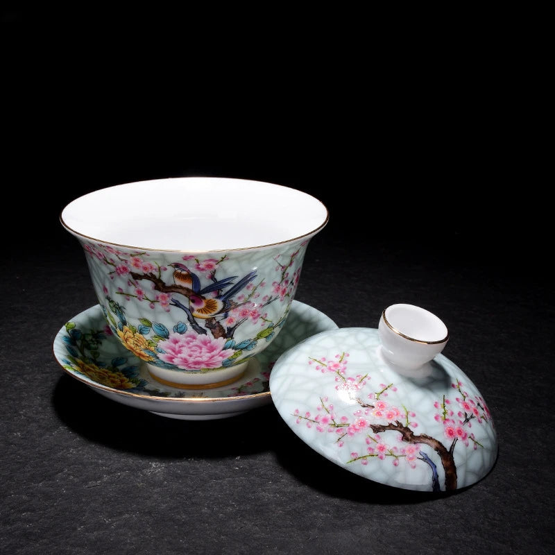 Jingdezhen Porcelain Art Bird Gaiwan Ceramic Flower Tea Bowl with Saucer Lid Kit Master Tea Tureen Drinkware Gift 180ml