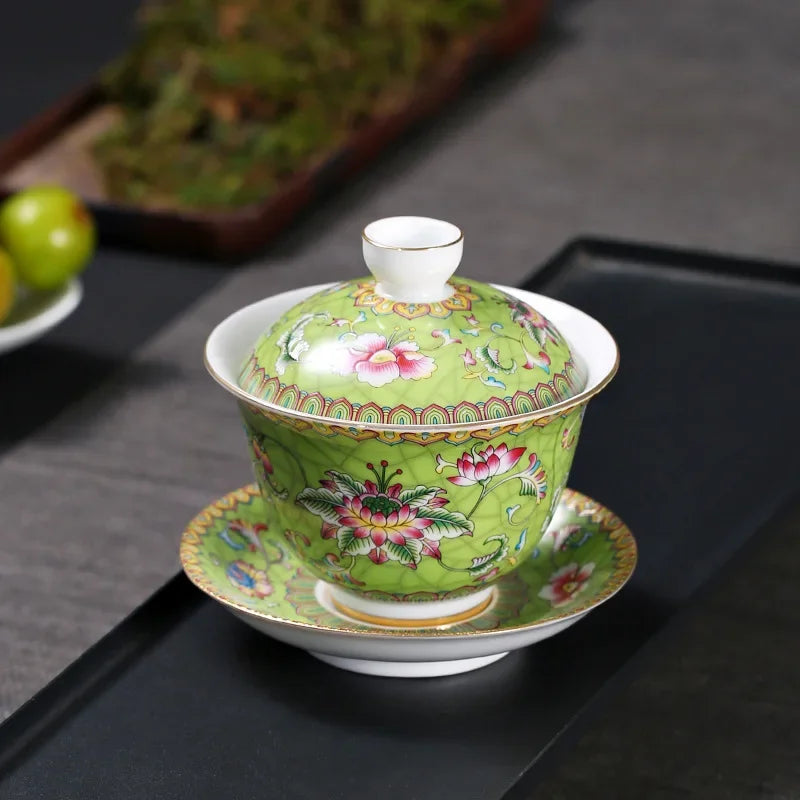 Jingdezhen Porcelain Art Bird Gaiwan Ceramic Flower Tea Bowl with Saucer Lid Kit Master Tea Tureen Drinkware Gift 180ml