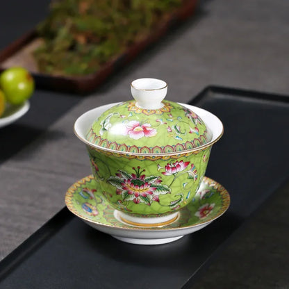 Jingdezhen Porcelain Art Bird Gaiwan Ceramic Flower Tea Bowl with Saucer Lid Kit Master Tea Tureen Drinkware Gift 180ml