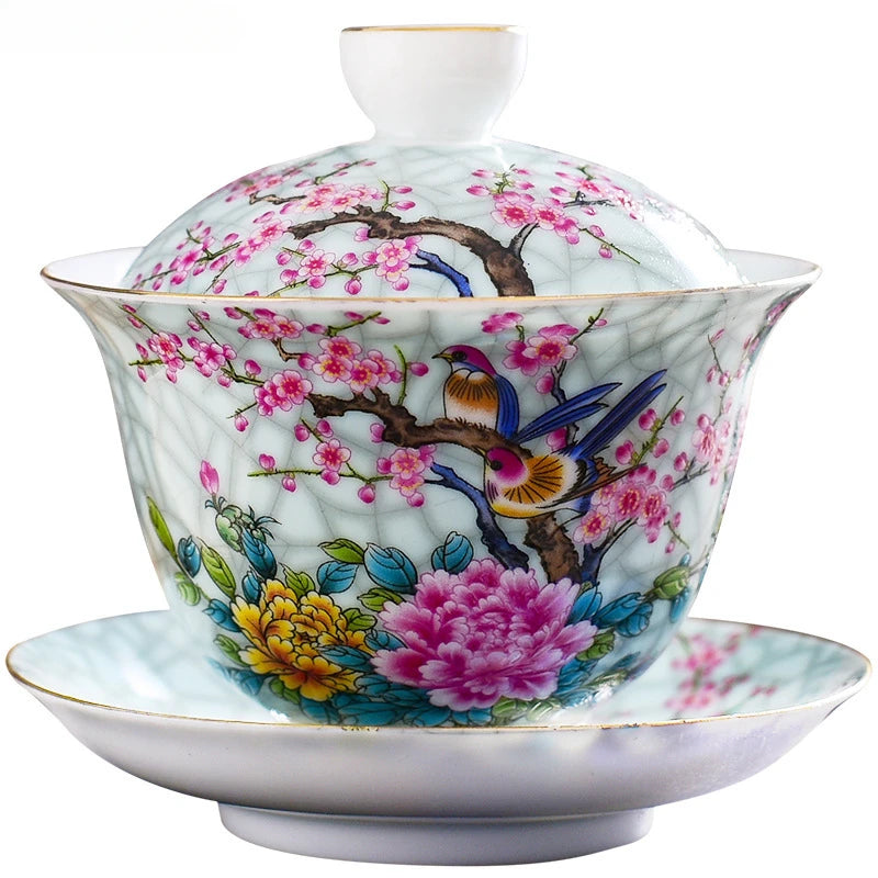 Jingdezhen Porcelain Art Bird Gaiwan Ceramic Flower Tea Bowl with Saucer Lid Kit Master Tea Tureen Drinkware Gift 180ml