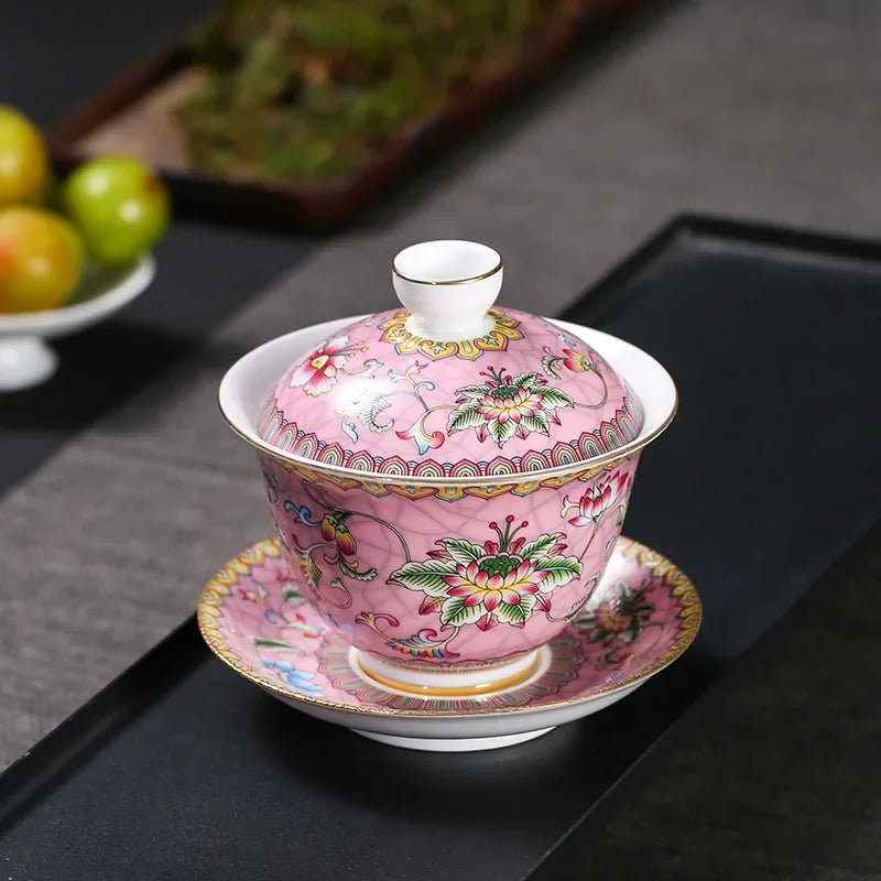 Jingdezhen Porcelain Art Bird Gaiwan Ceramic Flower Tea Bowl with Saucer Lid Kit Master Tea Tureen Drinkware Gift 180ml