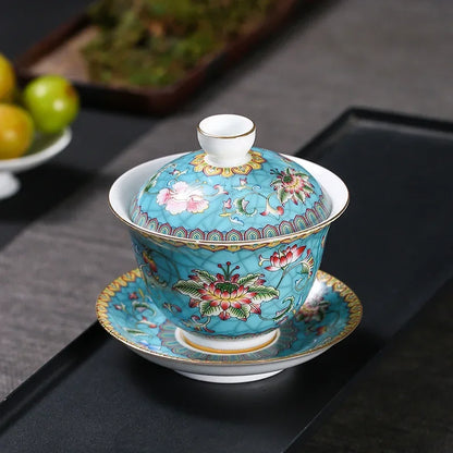 Jingdezhen Porcelain Art Bird Gaiwan Ceramic Flower Tea Bowl with Saucer Lid Kit Master Tea Tureen Drinkware Gift 180ml