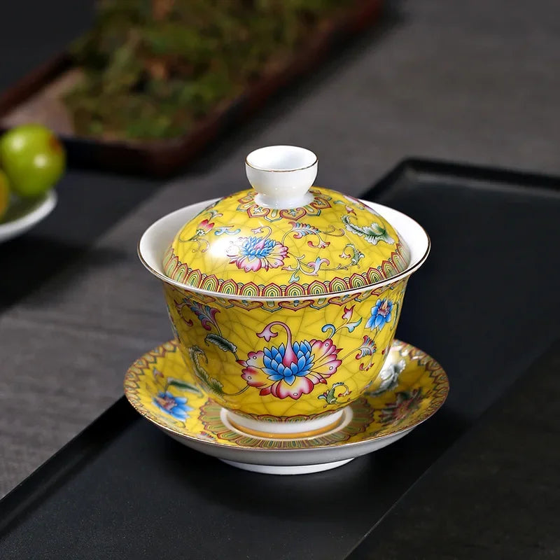 Jingdezhen Porcelain Art Bird Gaiwan Ceramic Flower Tea Bowl with Saucer Lid Kit Master Tea Tureen Drinkware Gift 180ml