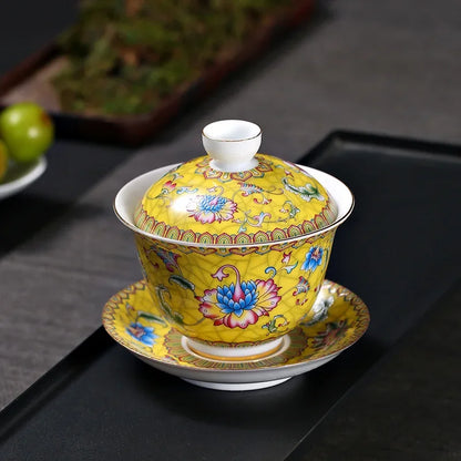 Jingdezhen Porcelain Art Bird Gaiwan Ceramic Flower Tea Bowl with Saucer Lid Kit Master Tea Tureen Drinkware Gift 180ml