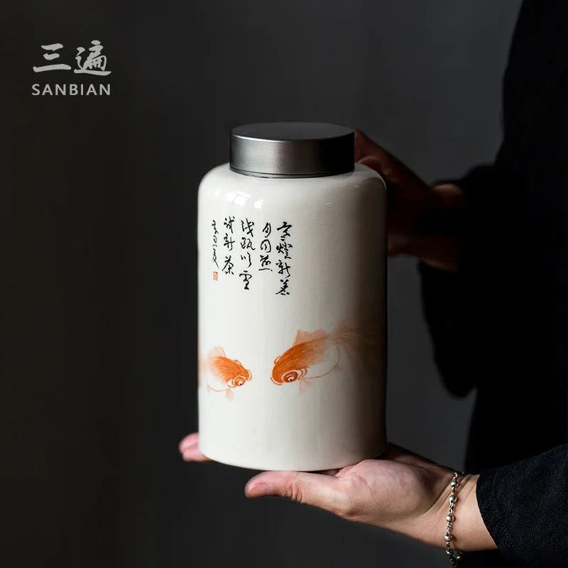 Jingdezhen Pure Hand Drawing Fish Fine Vintage Grass and Wood Gray Chinese Tea Jar Ceramic Sealed Can Large Storage Jar