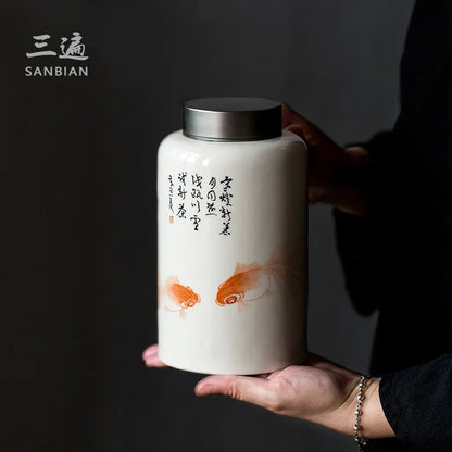 Jingdezhen Pure Hand Drawing Fish Fine Vintage Grass and Wood Gray Chinese Tea Jar Ceramic Sealed Can Large Storage Jar