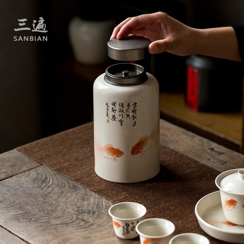 Jingdezhen Pure Hand Drawing Fish Fine Vintage Grass and Wood Gray Chinese Tea Jar Ceramic Sealed Can Large Storage Jar