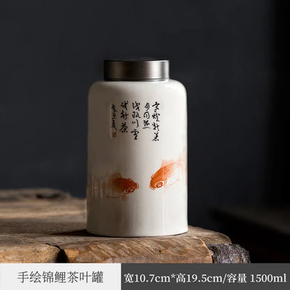 Jingdezhen Pure Hand Drawing Fish Fine Vintage Grass and Wood Gray Chinese Tea Jar Ceramic Sealed Can Large Storage Jar