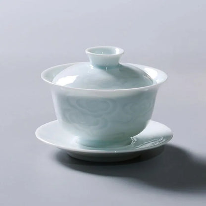 Jingdezhen-Shadow Carved Celadon Sancai Cover Bowl, Kungfu Tea Bowl, Single Gaiwan, Anti Scald Ceramic Tea Cup, Tea Set