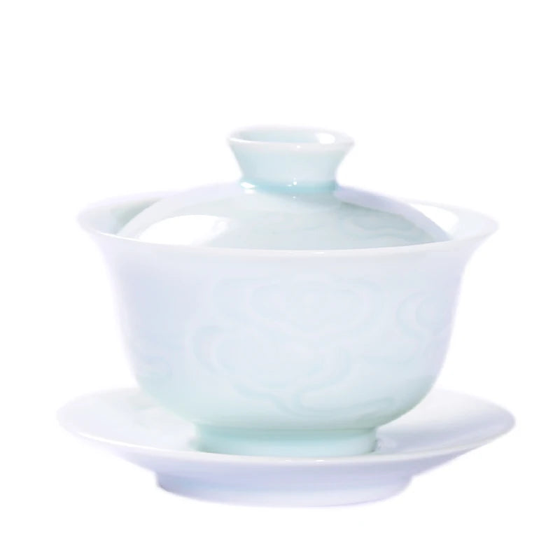 Jingdezhen-Shadow Carved Celadon Sancai Cover Bowl, Kungfu Tea Bowl, Single Gaiwan, Anti Scald Ceramic Tea Cup, Tea Set