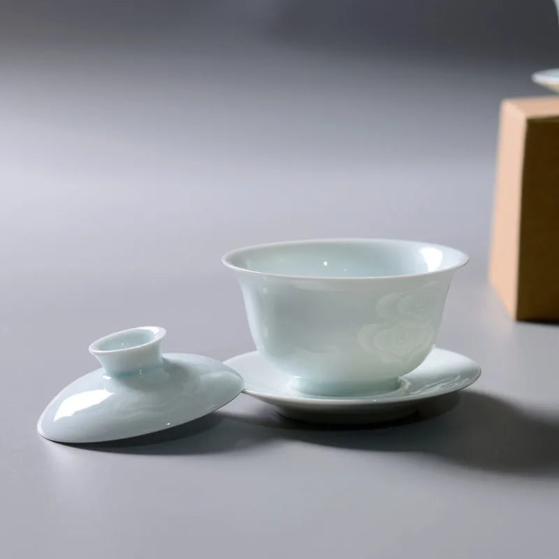 Jingdezhen-Shadow Carved Celadon Sancai Cover Bowl, Kungfu Tea Bowl, Single Gaiwan, Anti Scald Ceramic Tea Cup, Tea Set