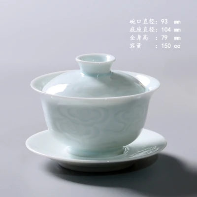 Jingdezhen-Shadow Carved Celadon Sancai Cover Bowl, Kungfu Tea Bowl, Single Gaiwan, Anti Scald Ceramic Tea Cup, Tea Set