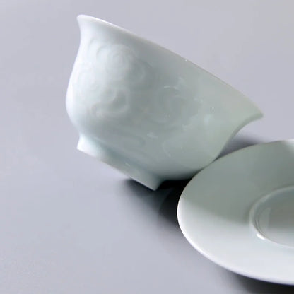 Jingdezhen-Shadow Carved Celadon Sancai Cover Bowl, Kungfu Tea Bowl, Single Gaiwan, Anti Scald Ceramic Tea Cup, Tea Set