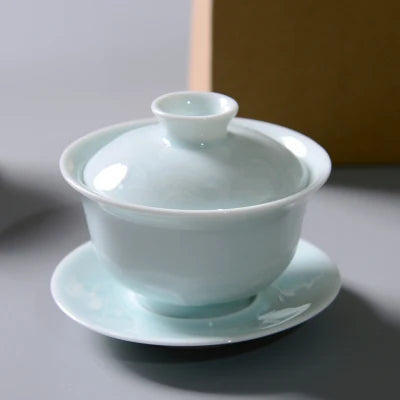 Jingdezhen-Shadow Carved Celadon Sancai Cover Bowl, Kungfu Tea Bowl, Single Gaiwan, Anti Scald Ceramic Tea Cup, Tea Set