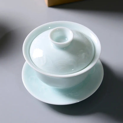 Jingdezhen-Shadow Carved Celadon Sancai Cover Bowl, Kungfu Tea Bowl, Single Gaiwan, Anti Scald Ceramic Tea Cup, Tea Set