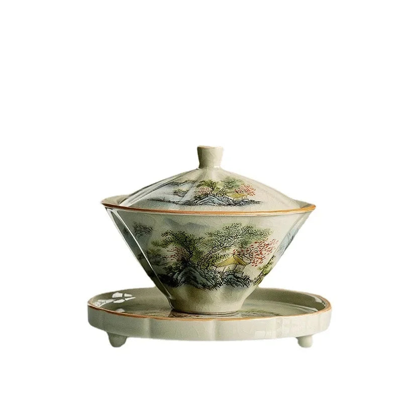 Jingdezhen Tea Tureen Pottery Gaiwan On-glazed High Grade Ceramic Tea Cup Elegant Gongfu Teaware Authentic Retro Teacups