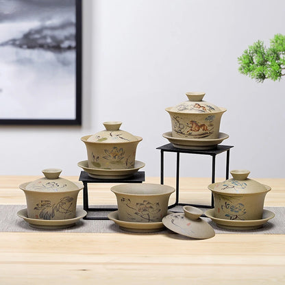 Jingdezhen ceramic Gaiwan bowl Chinese style Stoneware retro tea set Handmade Bubble tea bowl Travel Tea cup 150ml