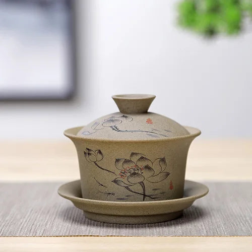 Jingdezhen ceramic Gaiwan bowl Chinese style Stoneware retro tea set Handmade Bubble tea bowl Travel Tea cup 150ml