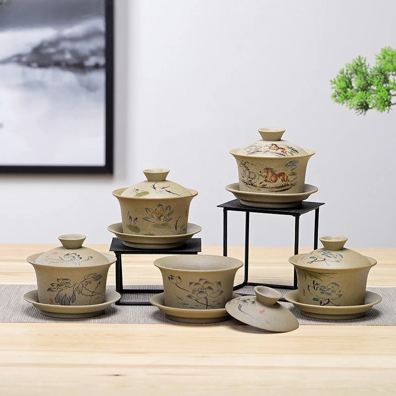 Jingdezhen ceramic Gaiwan bowl Chinese style Stoneware retro tea set Handmade Bubble tea bowl Travel Tea cup 150ml