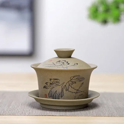 Jingdezhen ceramic Gaiwan bowl Chinese style Stoneware retro tea set Handmade Bubble tea bowl Travel Tea cup 150ml