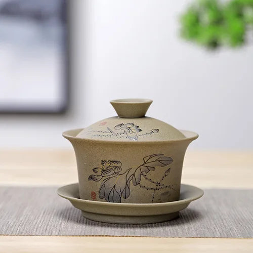 Jingdezhen ceramic Gaiwan bowl Chinese style Stoneware retro tea set Handmade Bubble tea bowl Travel Tea cup 150ml