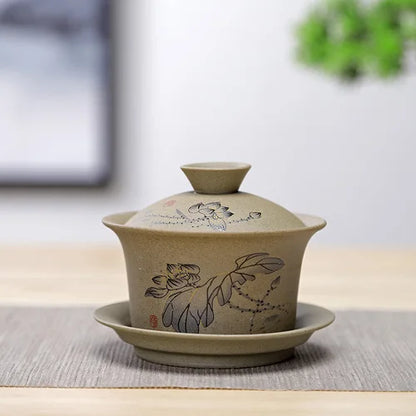 Jingdezhen ceramic Gaiwan bowl Chinese style Stoneware retro tea set Handmade Bubble tea bowl Travel Tea cup 150ml