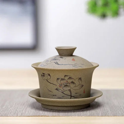 Jingdezhen ceramic Gaiwan bowl Chinese style Stoneware retro tea set Handmade Bubble tea bowl Travel Tea cup 150ml
