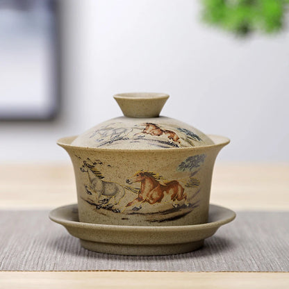 Jingdezhen ceramic Gaiwan bowl Chinese style Stoneware retro tea set Handmade Bubble tea bowl Travel Tea cup 150ml