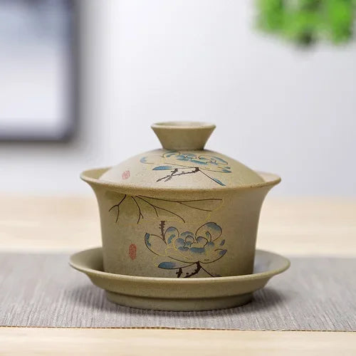 Jingdezhen ceramic Gaiwan bowl Chinese style Stoneware retro tea set Handmade Bubble tea bowl Travel Tea cup 150ml