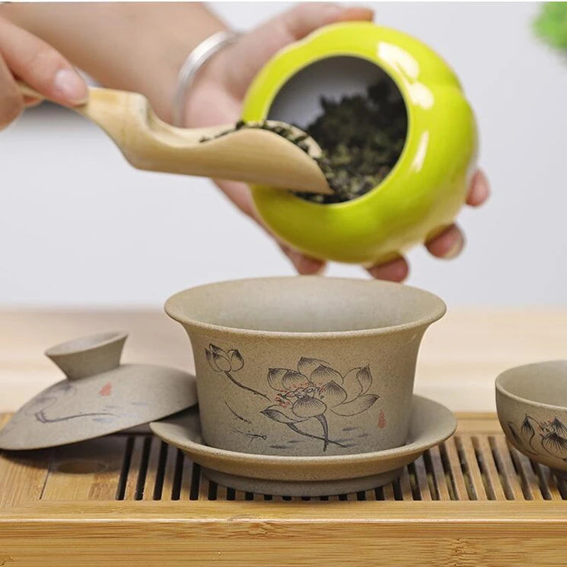 Jingdezhen ceramic Gaiwan bowl Chinese style Stoneware retro tea set Handmade Bubble tea bowl Travel Tea cup 150ml