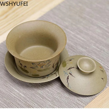 Jingdezhen ceramic Gaiwan bowl Chinese style Stoneware retro tea set Handmade Bubble tea bowl Travel Tea cup 150ml