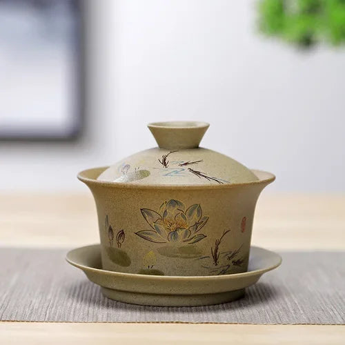 Jingdezhen ceramic Gaiwan bowl Chinese style Stoneware retro tea set Handmade Bubble tea bowl Travel Tea cup 150ml