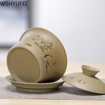 Jingdezhen ceramic Gaiwan bowl Chinese style Stoneware retro tea set Handmade Bubble tea bowl Travel Tea cup 150ml