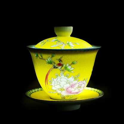 Jingdezhen ceramics Gaiwan Exquisite Enamel Color Handmade Tea Bowl Hand painted flower and bird Teaset 150ml Drinkware