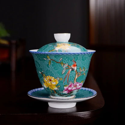 Jingdezhen ceramics Gaiwan Exquisite Enamel Color Handmade Tea Bowl Hand painted flower and bird Teaset 150ml Drinkware