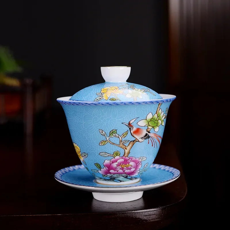 Jingdezhen ceramics Gaiwan Exquisite Enamel Color Handmade Tea Bowl Hand painted flower and bird Teaset 150ml Drinkware