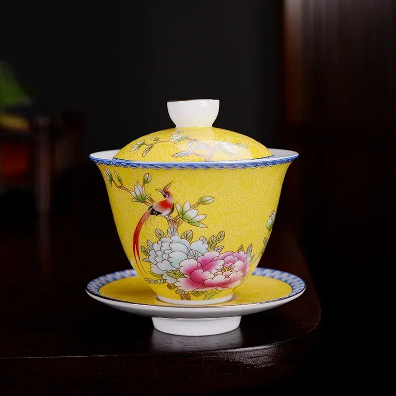 Jingdezhen ceramics Gaiwan Exquisite Enamel Color Handmade Tea Bowl Hand painted flower and bird Teaset 150ml Drinkware