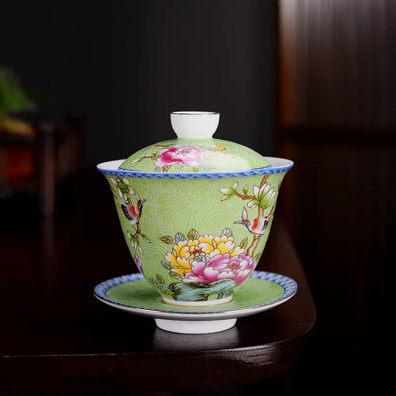 Jingdezhen ceramics Gaiwan Exquisite Enamel Color Handmade Tea Bowl Hand painted flower and bird Teaset 150ml Drinkware