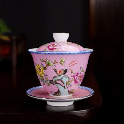 Jingdezhen ceramics Gaiwan Exquisite Enamel Color Handmade Tea Bowl Hand painted flower and bird Teaset 150ml Drinkware