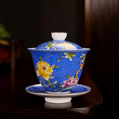 Jingdezhen ceramics Gaiwan Exquisite Enamel Color Handmade Tea Bowl Hand painted flower and bird Teaset 150ml Drinkware