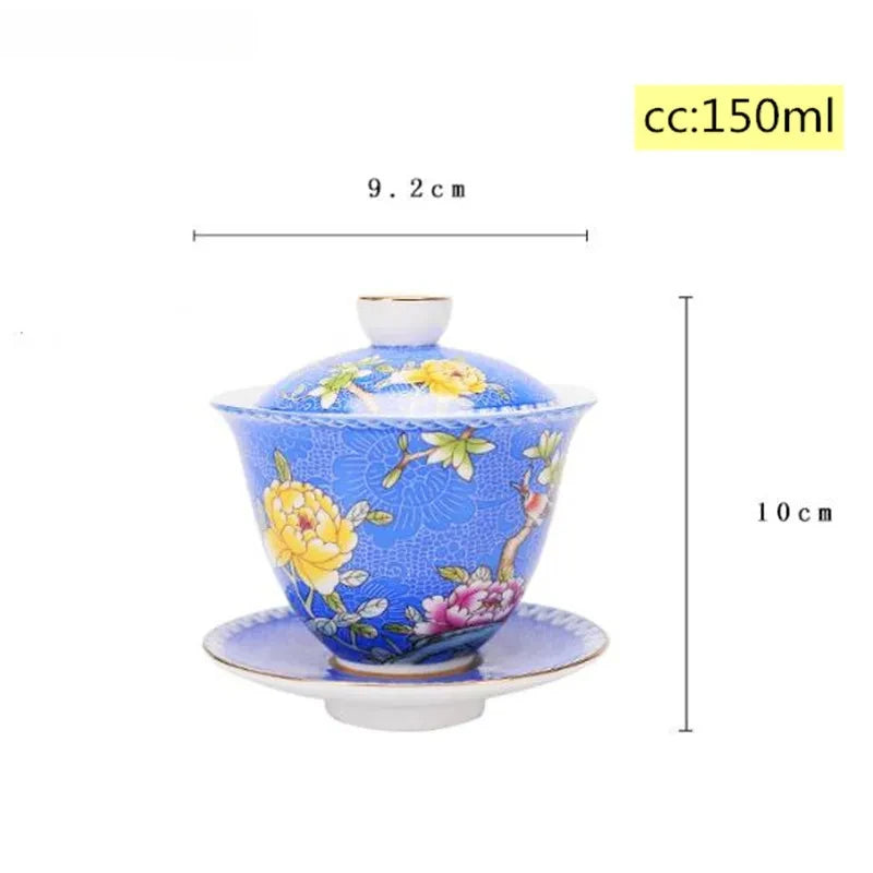 Jingdezhen ceramics Gaiwan Exquisite Enamel Color Handmade Tea Bowl Hand painted flower and bird Teaset 150ml Drinkware