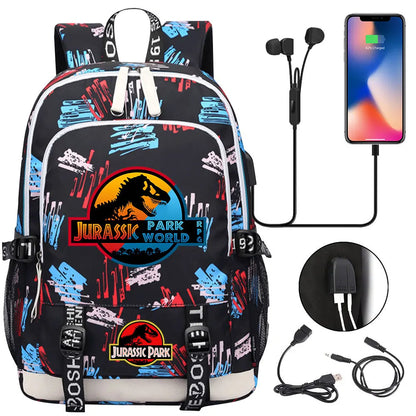 Jurassic Park World Dinosaur Teenager USB Charging Laptop Backpack Women Men Girls Boys Kids School Book Bag Travel Bagpack