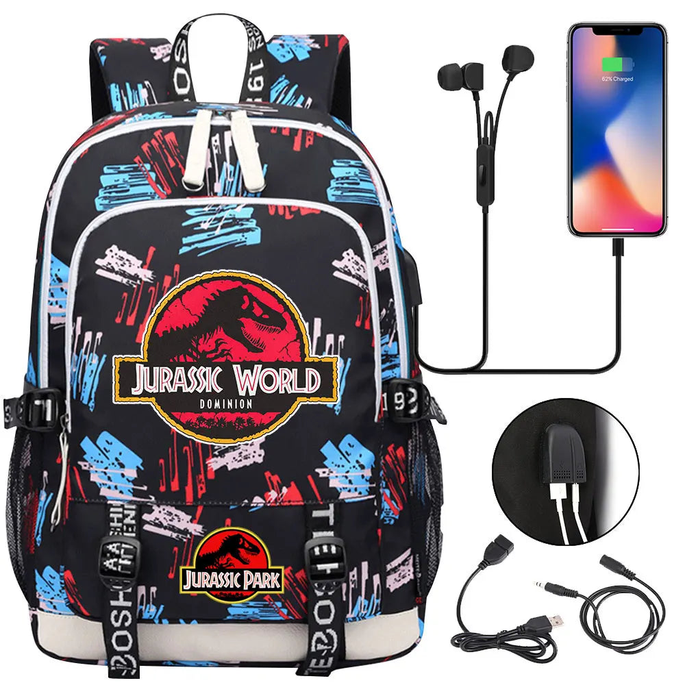 Jurassic Park World Dinosaur Teenager USB Charging Laptop Backpack Women Men Girls Boys Kids School Book Bag Travel Bagpack