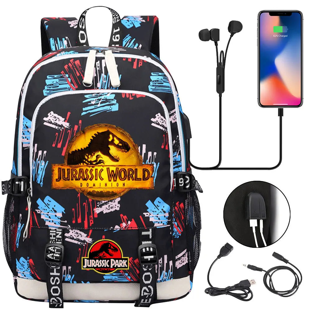 Jurassic Park World Dinosaur Teenager USB Charging Laptop Backpack Women Men Girls Boys Kids School Book Bag Travel Bagpack