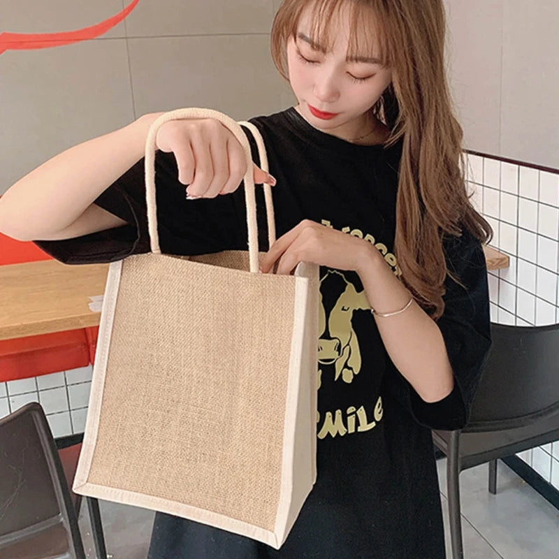 Jute Tote Bags Burlap Handbag Reusable Beach Shopping Grocery Bag with Handle