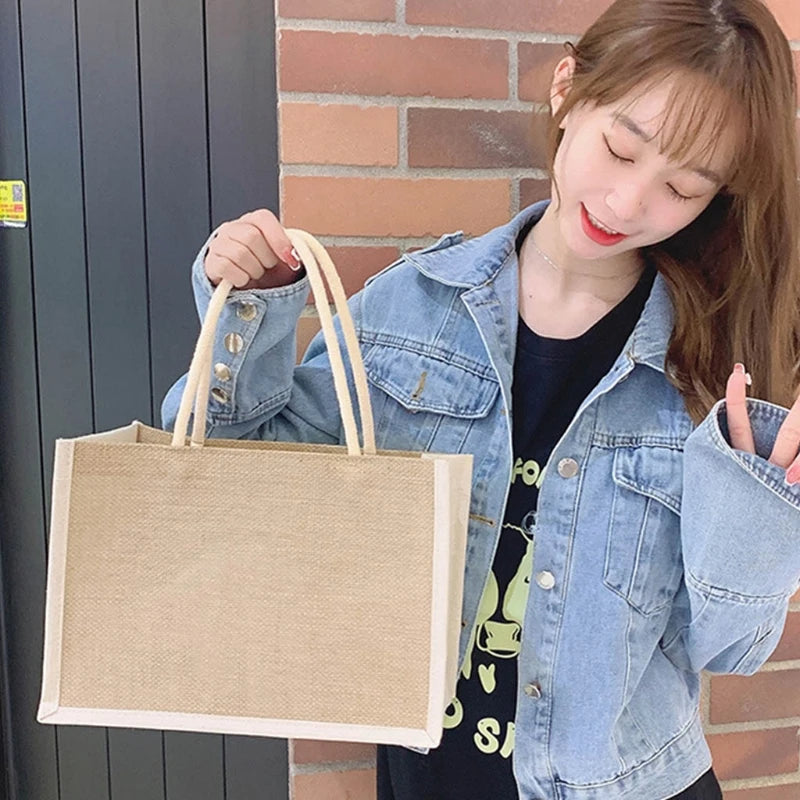 Jute Tote Bags Burlap Handbag Reusable Beach Shopping Grocery Bag with Handle