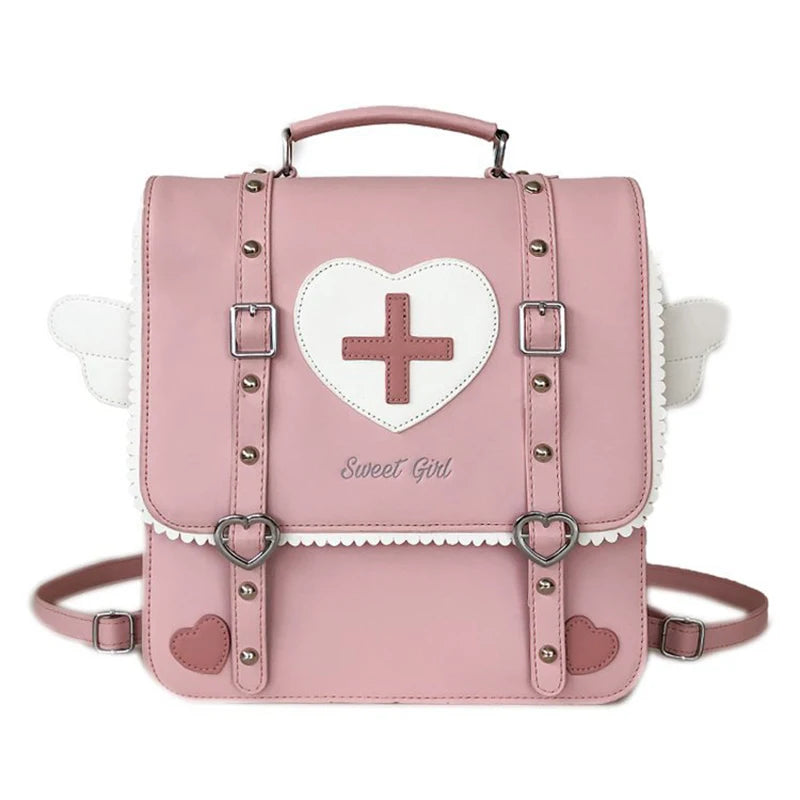 KAWAI Japan Style Lolita Backpack Girl Students Artificial Leather Briefcase Angel Wings Bookbag HandBags
